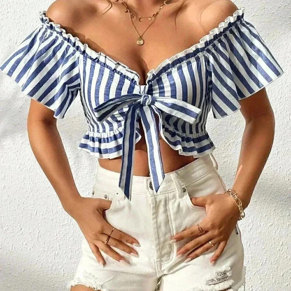 White & Blue Boho Womens Striped Off Shoulder Knot Front Frill Trim Crop Blouse - Picture 4 of 5